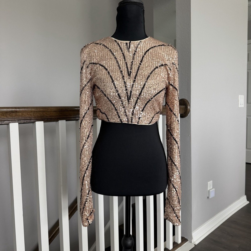 Michael Costello x REVOLVE Leonie Sequin Crop Top Champagne Black Small Party